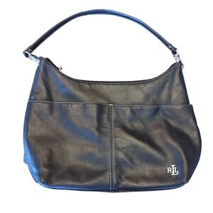 Lauren Ralph‎ Lauren | Black Leather Hobo Bag | White Stitch RLL Logo | FLAW